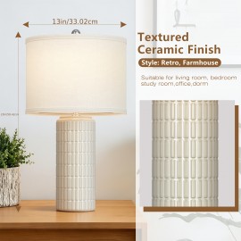 23 Inch Ceramic Table Lamp Set of 2 | Modern Farmhouse Style with White Bedside Lamps for Living Room, Bedroom, Office Desk Decor, Adjustable Lighting with Drum Fabric Shade, Ideal for Reading, Gift Idea