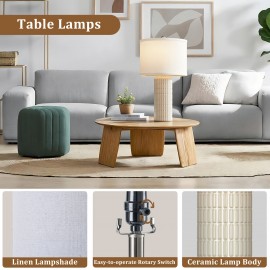23 Inch Ceramic Table Lamp Set of 2 | Modern Farmhouse Style with White Bedside Lamps for Living Room, Bedroom, Office Desk Decor, Adjustable Lighting with Drum Fabric Shade, Ideal for Reading, Gift Idea