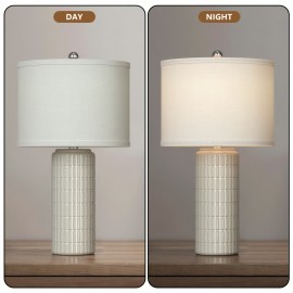 23 Inch Ceramic Table Lamp Set of 2 | Modern Farmhouse Style with White Bedside Lamps for Living Room, Bedroom, Office Desk Decor, Adjustable Lighting with Drum Fabric Shade, Ideal for Reading, Gift Idea