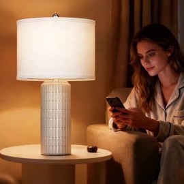 23 Inch Ceramic Table Lamp Set of 2 | Modern Farmhouse Style with White Bedside Lamps for Living Room, Bedroom, Office Desk Decor, Adjustable Lighting with Drum Fabric Shade, Ideal for Reading, Gift Idea