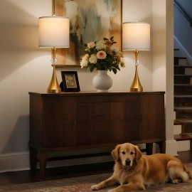 26'' Golden Metal Table Lamp Set of 2 with Crystal Accents | USB Ports, 3-Way Dimmable Light, Modern Brushed End for Bedroom, Living Room or Entryway