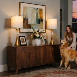 26'' Golden Metal Table Lamp Set of 2 with Crystal Accents | USB Ports, 3-Way Dimmable Light, Modern Brushed End for Bedroom, Living Room or Entryway