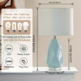 Modern Minimalist Coastal Ceramic Table Lamp, Single Light Blue Geometric Bedside Lamp With Crystal Base, 23 Inches End Table Lamp With White Fabric Shade For Bedroom, Living Room, Study, Office