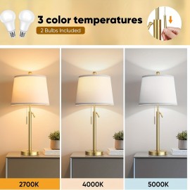 Tall Table Lamps Set Of 2, Modern Golden Table Lamps with White Shade for Living Room, Height Adjustable Nightstand Lamps for Bedroom, 3 Color Temperature Beside Lamps with Pull Chain(Bulbs Included)