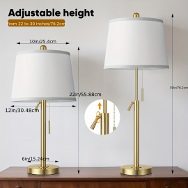 Tall Table Lamps Set Of 2, Modern Golden Table Lamps with White Shade for Living Room, Height Adjustable Nightstand Lamps for Bedroom, 3 Color Temperature Beside Lamps with Pull Chain(Bulbs Included)