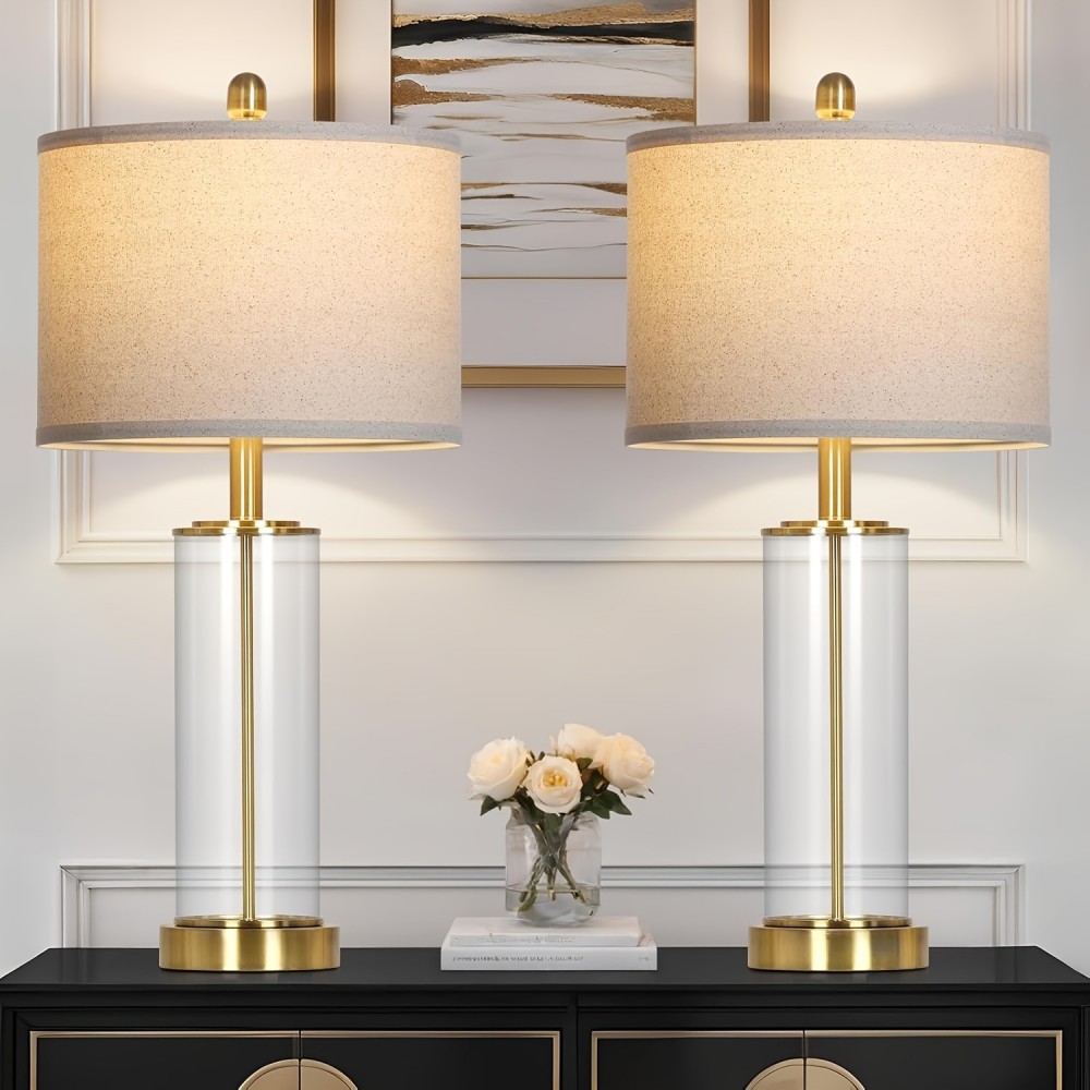 Table Lamps Set Of 2 - Vintage Industrial Desk Lamps with Clear On/Off Switch Cord & Tri-Color Light Bulbs, Brown Trim Glass Shade Lighting for Home Office Study