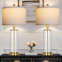 Table Lamps Set Of 2 - Vintage Industrial Desk Lamps with Clear On/Off Switch Cord & Tri-Color Light Bulbs, Brown Trim Glass Shade Lighting for Home Office Study