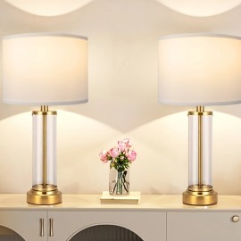 2packs Lamps For Bedrooms Set, Button Switch Glass Table Lamps, 3-Way Dimmable Bedside Lamp With Fabric Lampshade, Modern Nightstand Lamp For Living Room Bedroom, For Living Room, Bedroom, Office, Dining Room, Christmas (LED Bulbs Included)