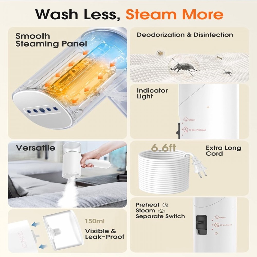 Handheld Steamer for Clothes, 1200W Foldable Travel Steamer, 20 Sec Pre Garments Wrinkle Remover, 120V Portable Hand Iron with 150ml Water Tank, Clothes Steamer for Home Travel - White