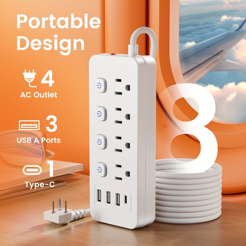 1pc Multi-Outlet Power Strip With Surge Protection And Switch - 4 AC Outlets With Switch, 3 USB-A Ports And 1 Type-C Port And 5 FT/10 FT Extension Cord - For Office, Study, Home, And School Use - With Overload Protection