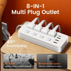 1pc Multi-Outlet Power Strip With Surge Protection And Switch - 4 AC Outlets With Switch, 3 USB-A Ports And 1 Type-C Port And 5 FT/10 FT Extension Cord - For Office, Study, Home, And School Use - With Overload Protection