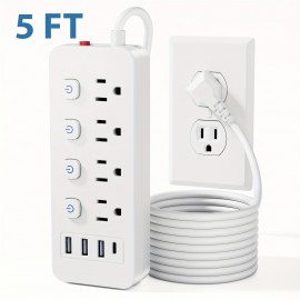 1pc Multi-Outlet Power Strip With Surge Protection And Switch - 4 AC Outlets With Switch, 3 USB-A Ports And 1 Type-C Port And 5 FT/10 FT Extension Cord - For Office, Study, Home, And School Use - With Overload Protection