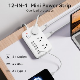 1pc Multi-Outlet Surge Protection Power Strip with USB Port And Switch - 6 AC Outlets, 4 USB-A Ports And 2 Type-C Ports And 5ft/10ft Extension Cord - for Office, Study, Home, And School Use - Power Socket with Overload Protection