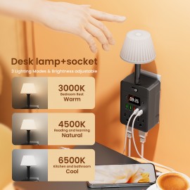 1pc 4-Outlet Power Strip With Adjustable Brightness Desk Lamp And Clock, Surge Protection, On/Off Switch, 3 USB-A Ports & 2 USB-C Ports, For Home, Office, Dorm Room, And Travel Use, Black And White