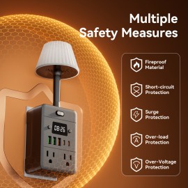 1pc 4-Outlet Power Strip With Adjustable Brightness Desk Lamp And Clock, Surge Protection, On/Off Switch, 3 USB-A Ports & 2 USB-C Ports, For Home, Office, Dorm Room, And Travel Use, Black And White