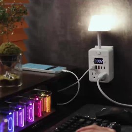 1pc 4-Outlet Power Strip With Adjustable Brightness Desk Lamp And Clock, Surge Protection, On/Off Switch, 3 USB-A Ports & 2 USB-C Ports, For Home, Office, Dorm Room, And Travel Use, Black And White