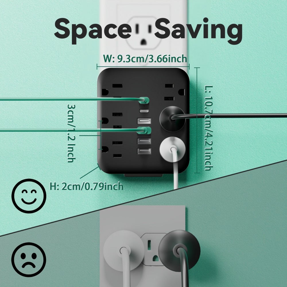 Wall Charger with 6 Outlets & 6 USB Ports (4 USB-A + 2 USB-C) Surge Protector Power Strip, Multi Plug Adapter with Spaced Design, Compact and Travel-Friendly for Home, Travel, and Office