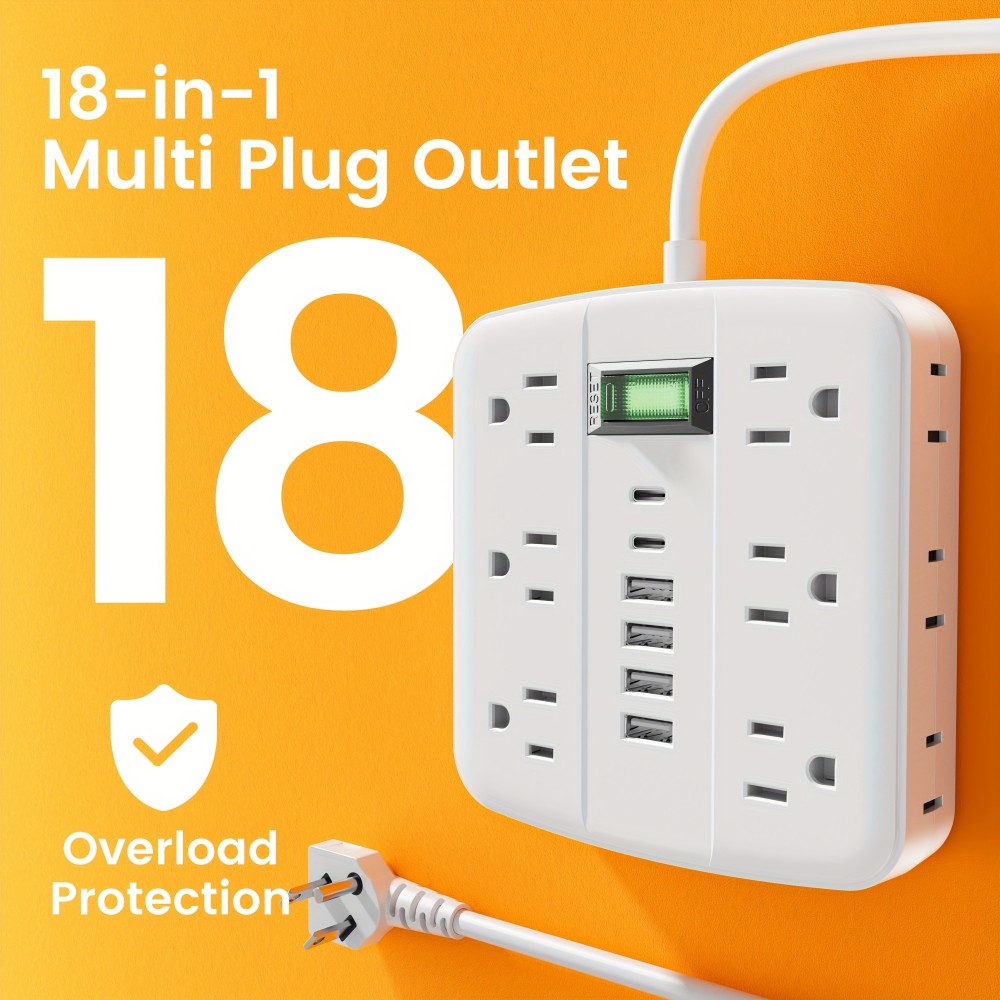 1pc Multi-Outlet Power Strip with Surge Protection And Switch - 12 AC Outlets with 4 USB-A Ports And 2 USB-C Ports, 5ft Extension Cord - for Office, Study, Home And School Use - Power Socket with Overload Protection