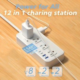 Power Adapter 12-in-1 with 4 USB Ports, 2 USB-Cs and 8 AC Power Outlets, 5ft Extension Cable with Surge Protection Switch for Fast Charging up to 30%, Ideal for Home, Office, Travel and Multi-device Charging