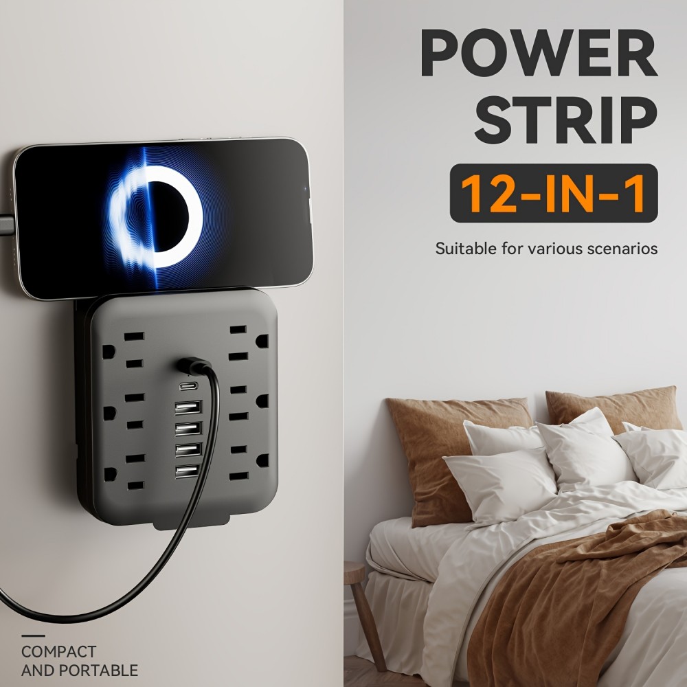 1pc 12-in-1 Wall Power Strip with 6 AC Outlets And 4 USB-A And 2 Type-C Ports, Desktop Charging Station with USB Port, for Home, Office, Travel, Computer, White And Black
