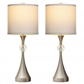 26'' Golden Metal Table Lamp Set of 2 with Crystal Accents | USB Ports, 3-Way Dimmable Light, Modern Brushed End for Bedroom, Living Room or Entryway